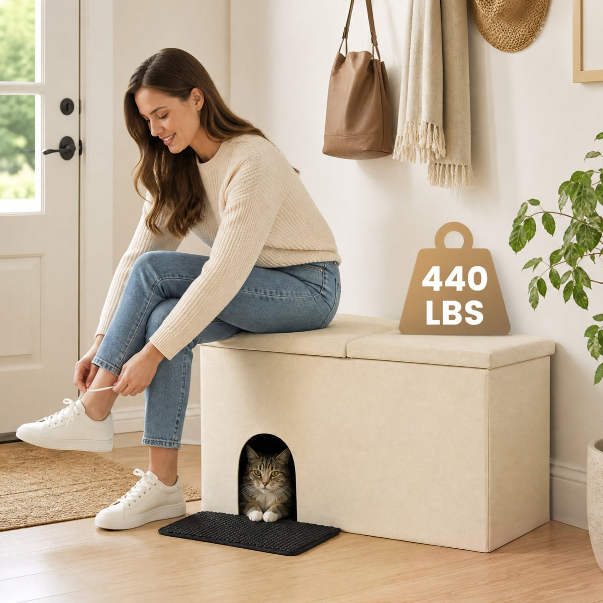 Mueble oculto para arenero de gato con alfombrilla para orina a prueba de salpicaduras