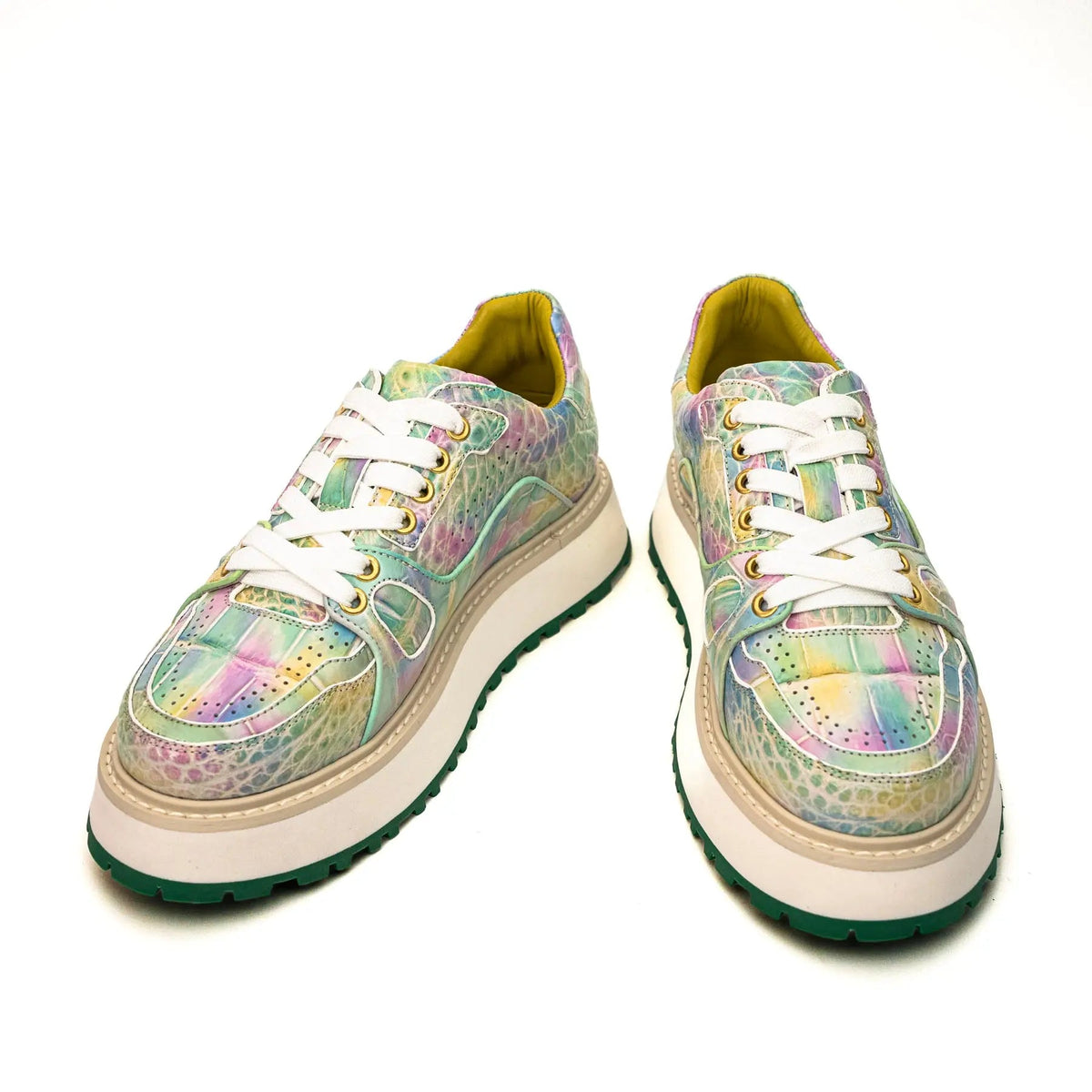 Pastel Multicolor Apron-Toe Crocodile Leather Sneakers