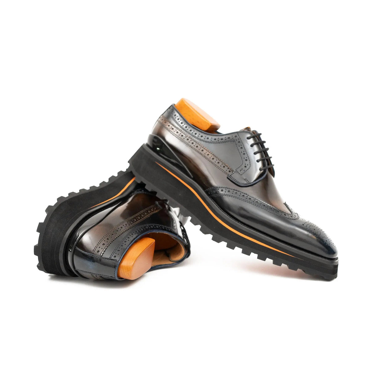 Blue-Brown Wingtip Calf Leather Derby Shoes