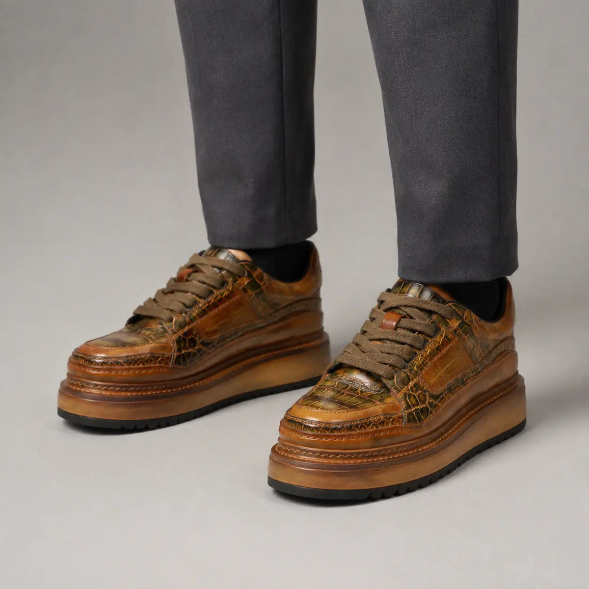 Brown Platform Ostrich Leg Leather Sneakers