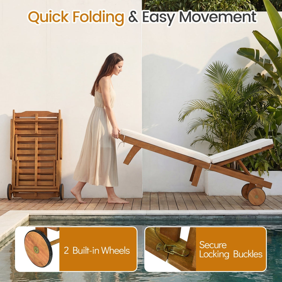 Patio Acacia Wood Lounge Chair Chaise Recliner