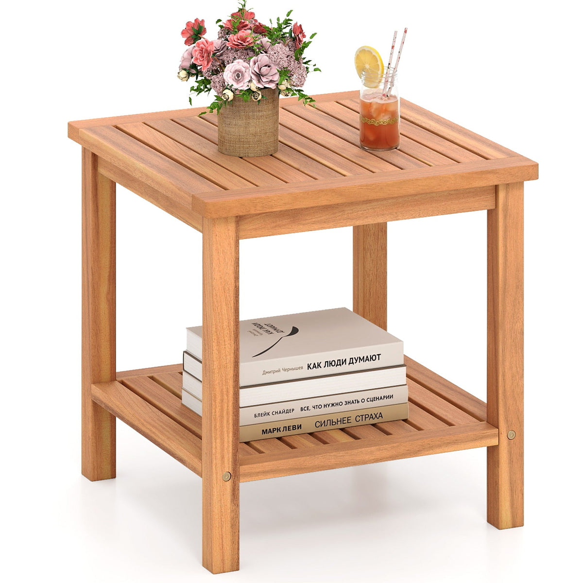 Patio Acacia Wood Side Table with Slatted Tabletop and Storage Shelf