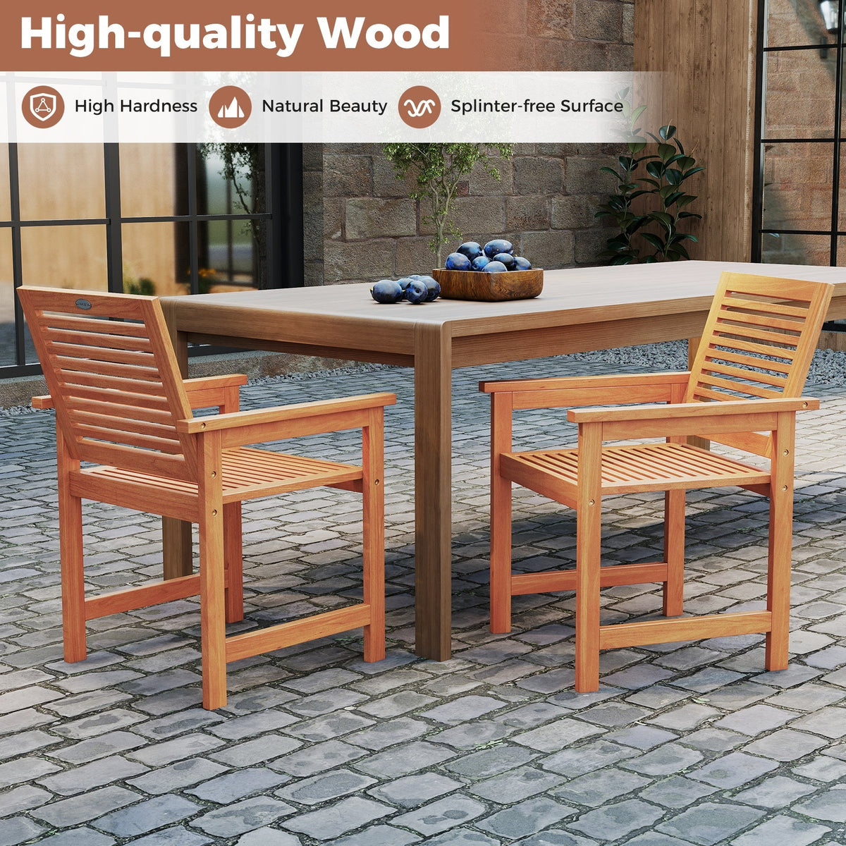 Patio Chairs Set of 2 with Inclined Backrests and Slatted Seats