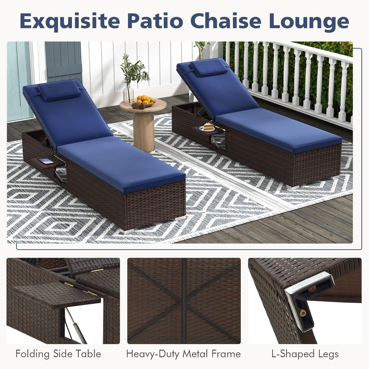 Patio Chaise Lounge Set of 2 with Backrest Seat Cushion and Headrest