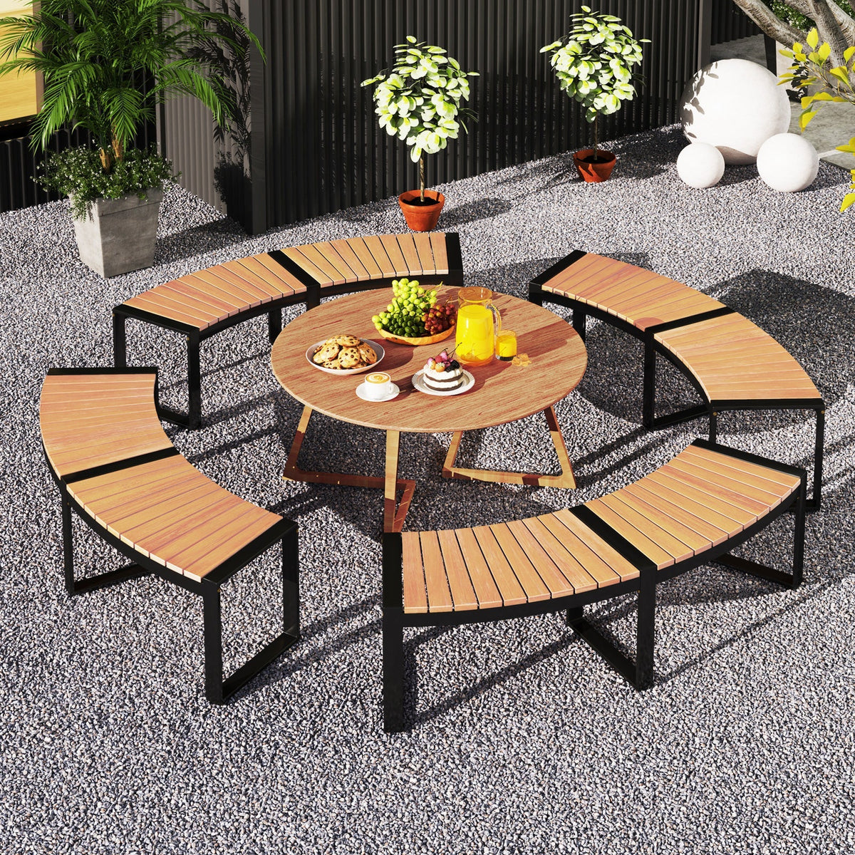 Patio Curved Bench with Slatted Seat and Metal Legs