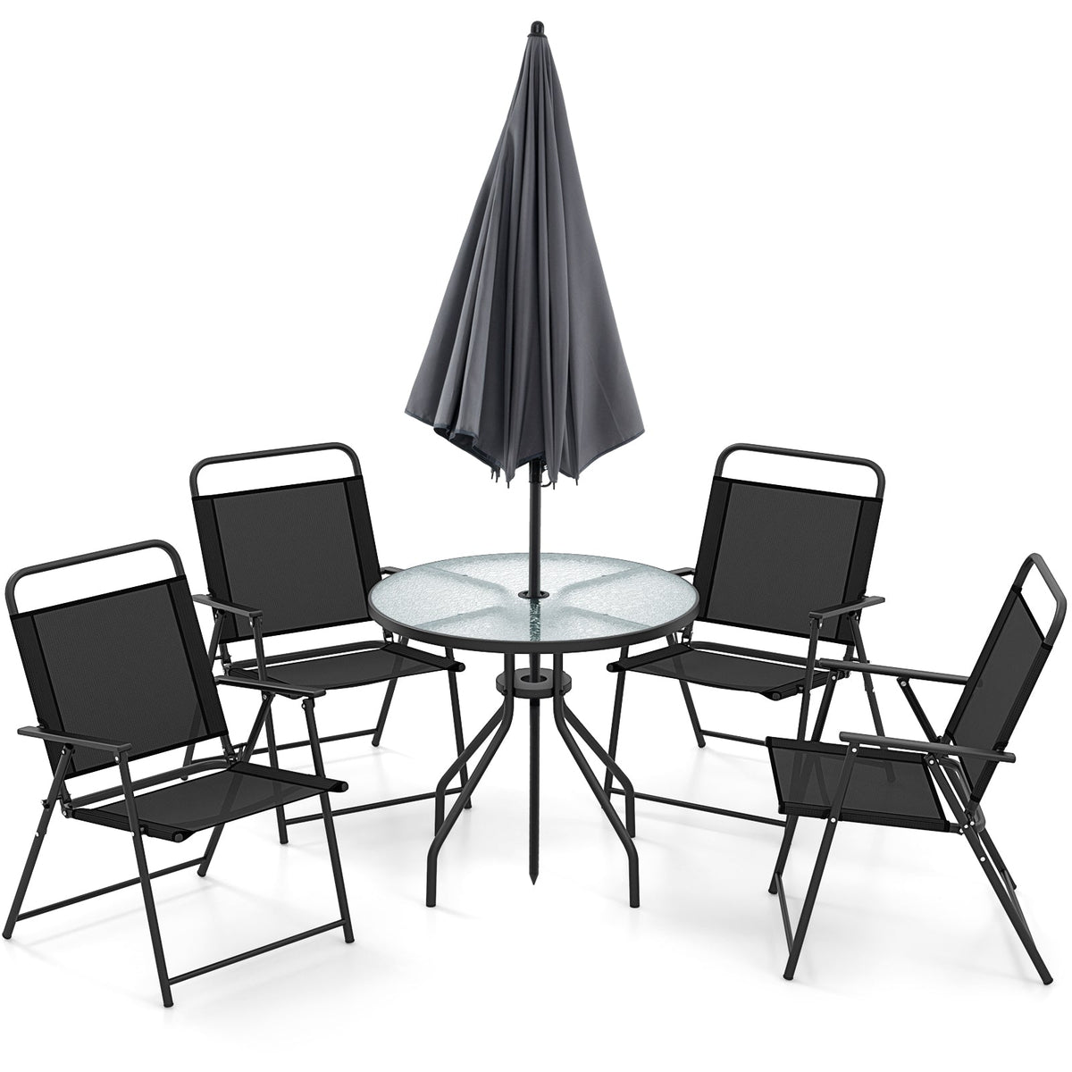 6 Pieces Patio Dining Set Folding Chairs Glass Table Tilt Umbrella for Garden