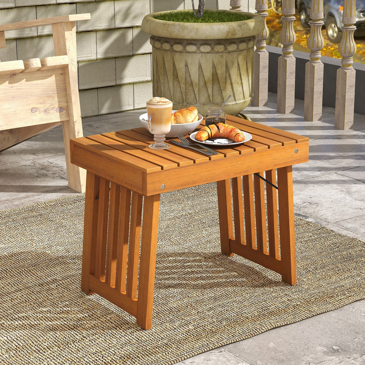 Patio Foldable Side Table with Slatted Tabletop for Backyard