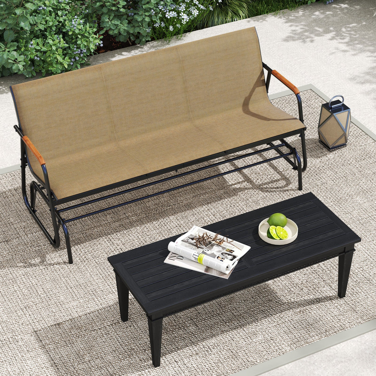 Patio Glider Bench with Curved Teak Armrests and Breathable Fabric Seat for 3 People-Brown