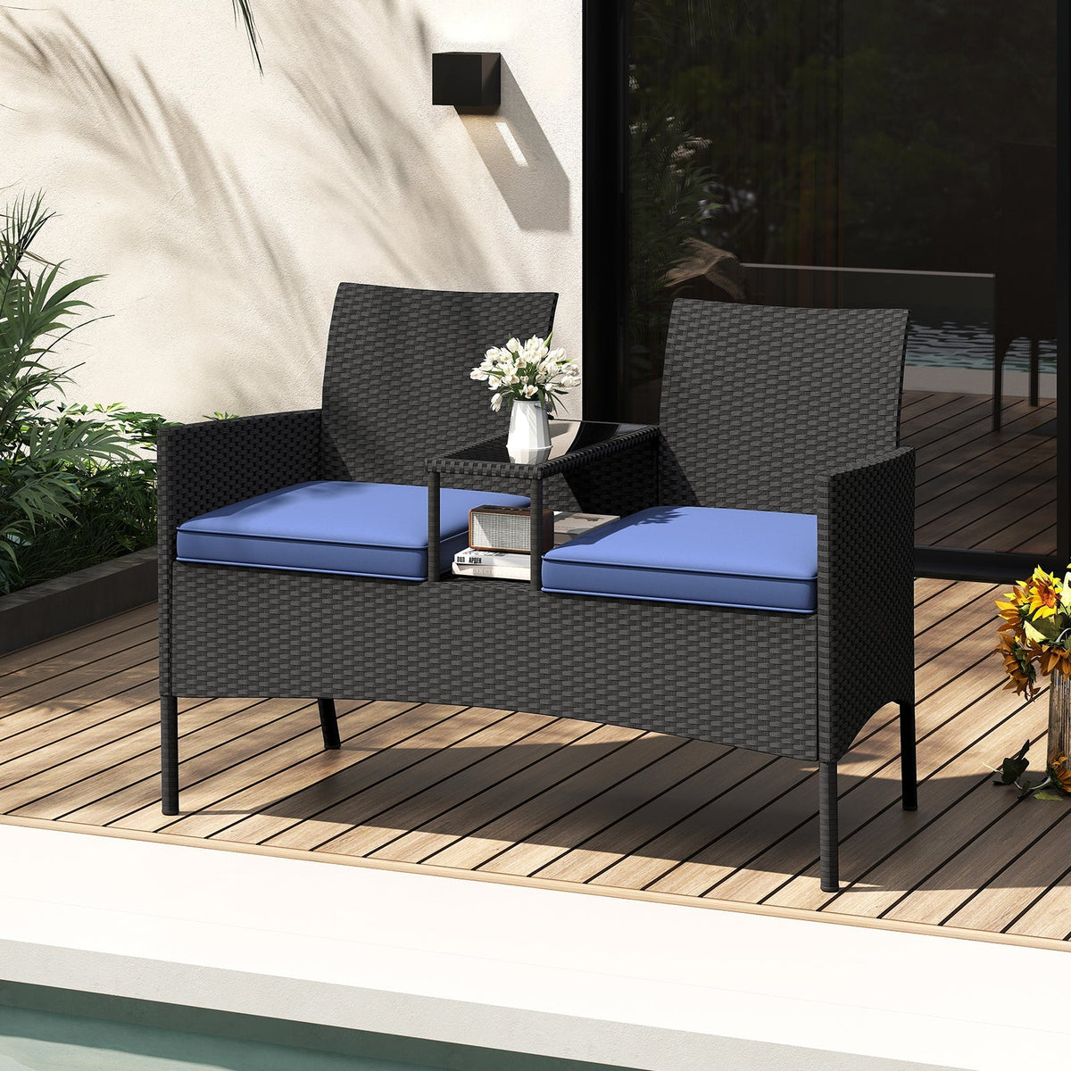 Patio Loveseat with Built-in Table for Backyard Porch