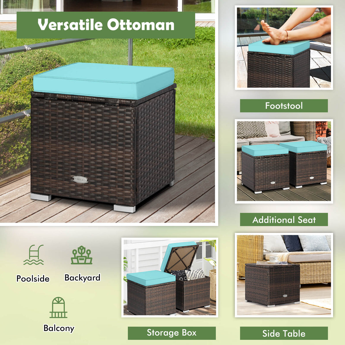 2 Pieces Patio Ottoman with Hidden Storage Space-Mix Grey