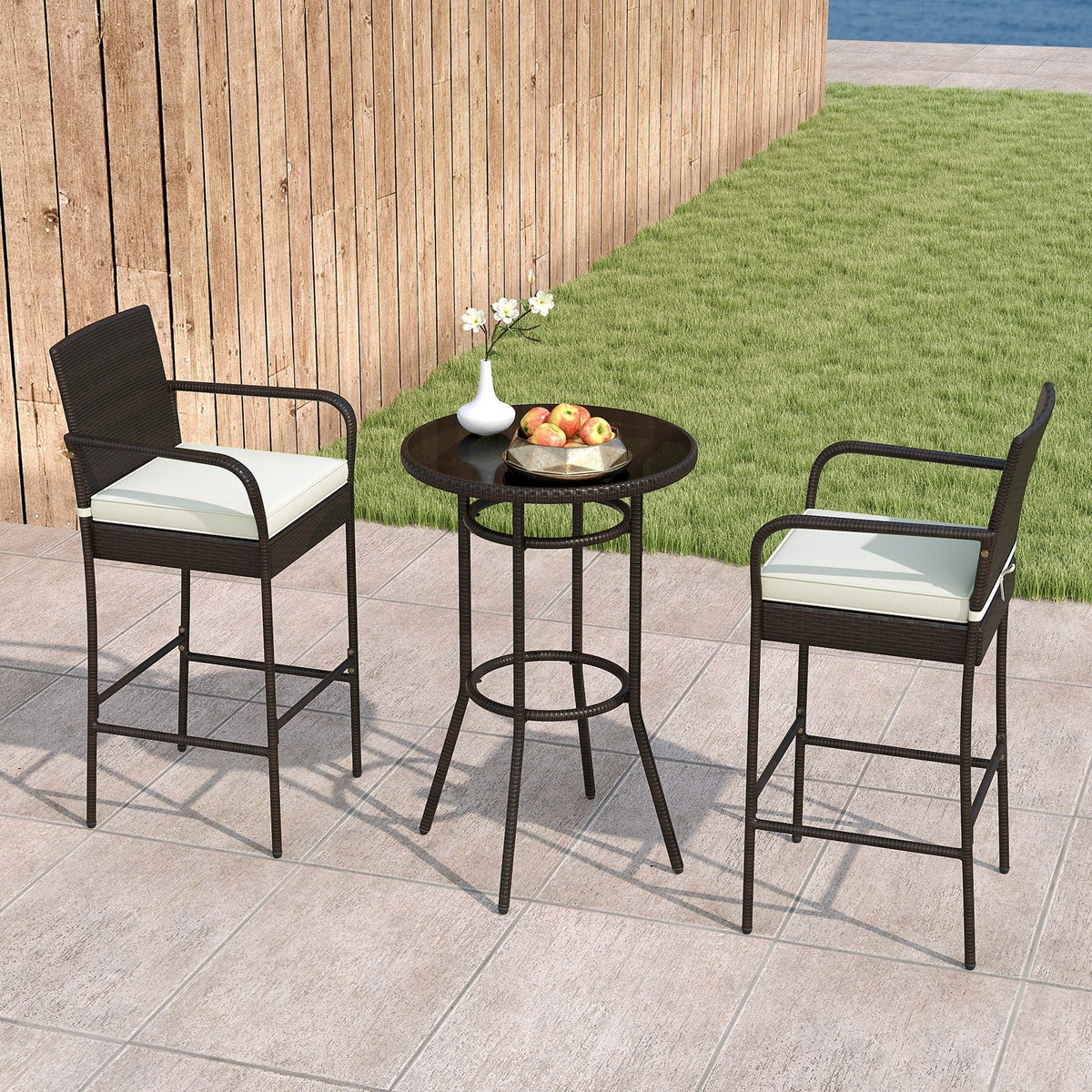 Patio Rattan Bar Height Table and Chairs with 2 Seat Cushions for Porch-White