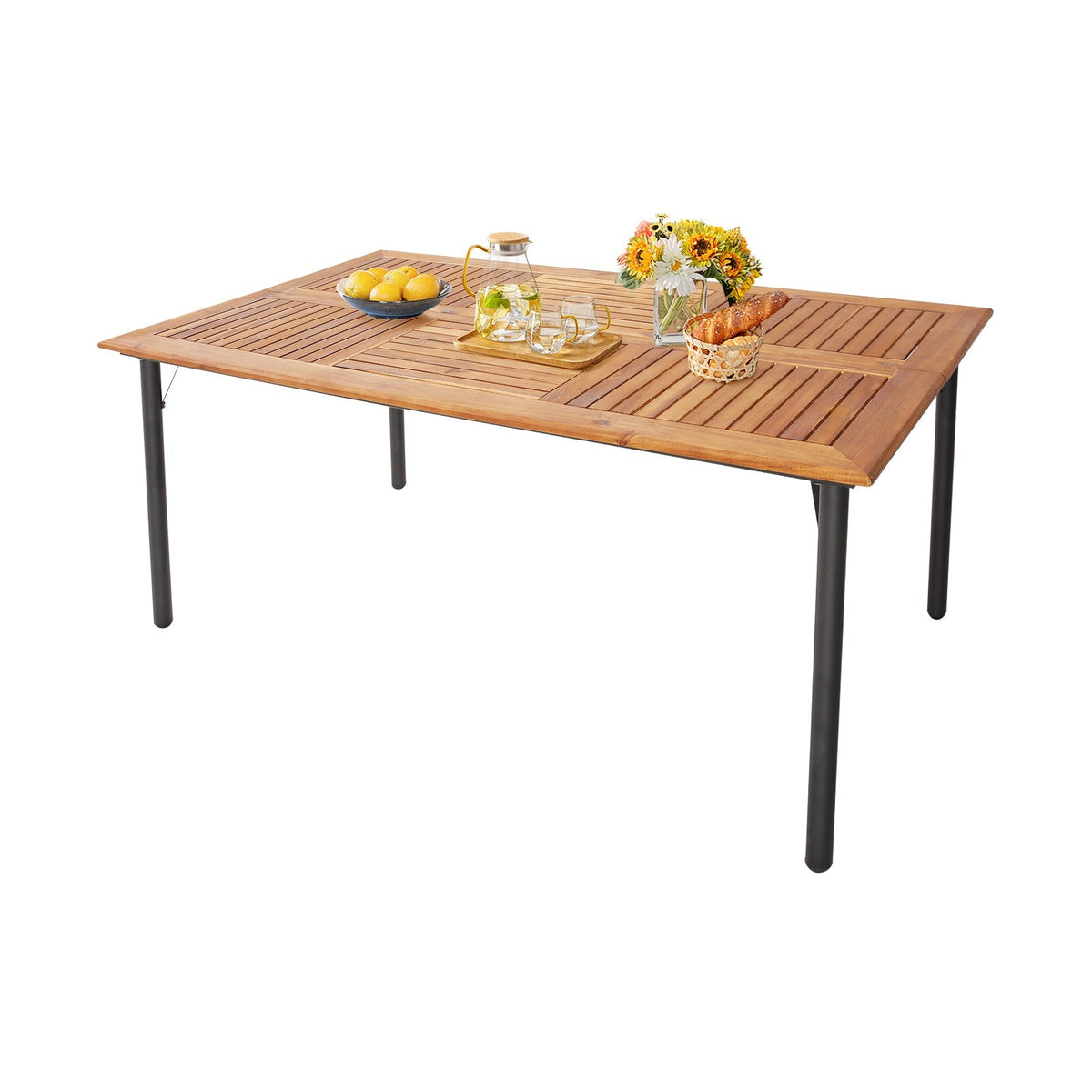 Mesa de comedor de madera de acacia para patio con agujero para sombrilla y patas de metal