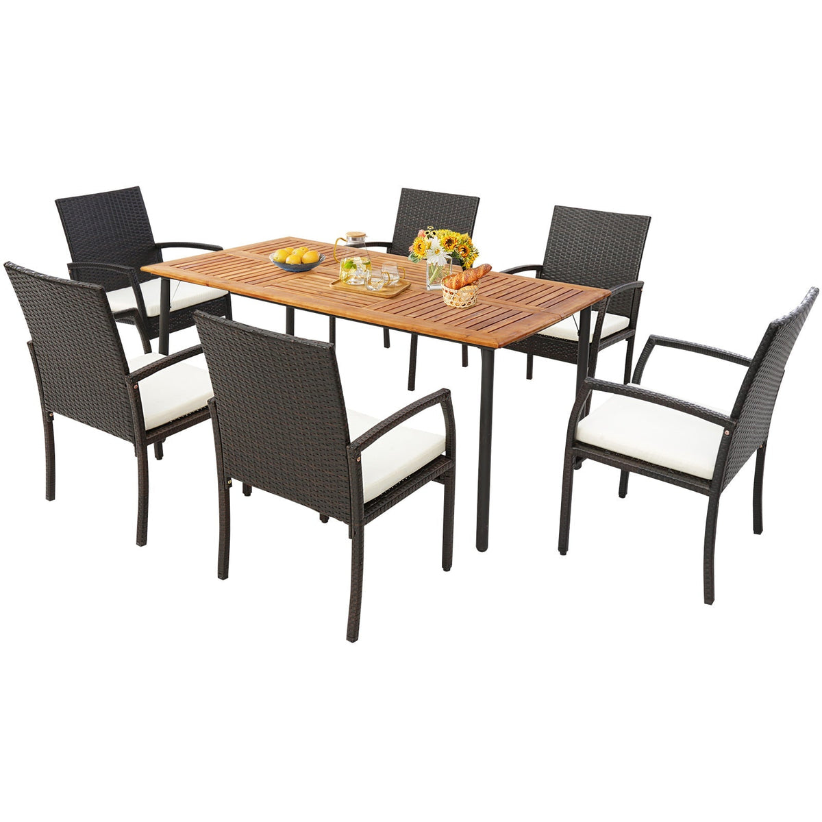 Mesa de comedor de madera de acacia para patio con agujero para sombrilla y patas de metal