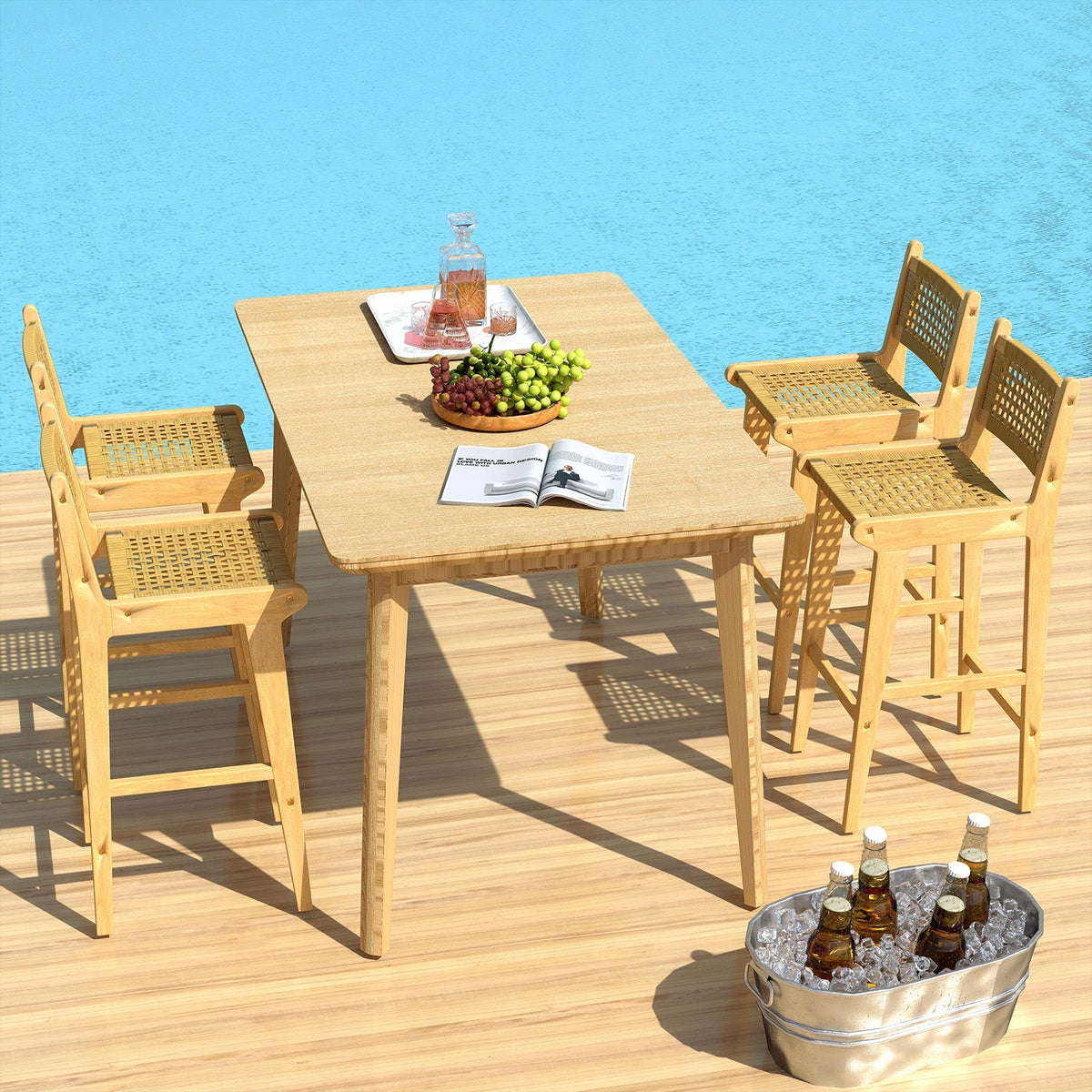 Taburete de bar de madera de teca para patio con respaldo y asiento de ratán