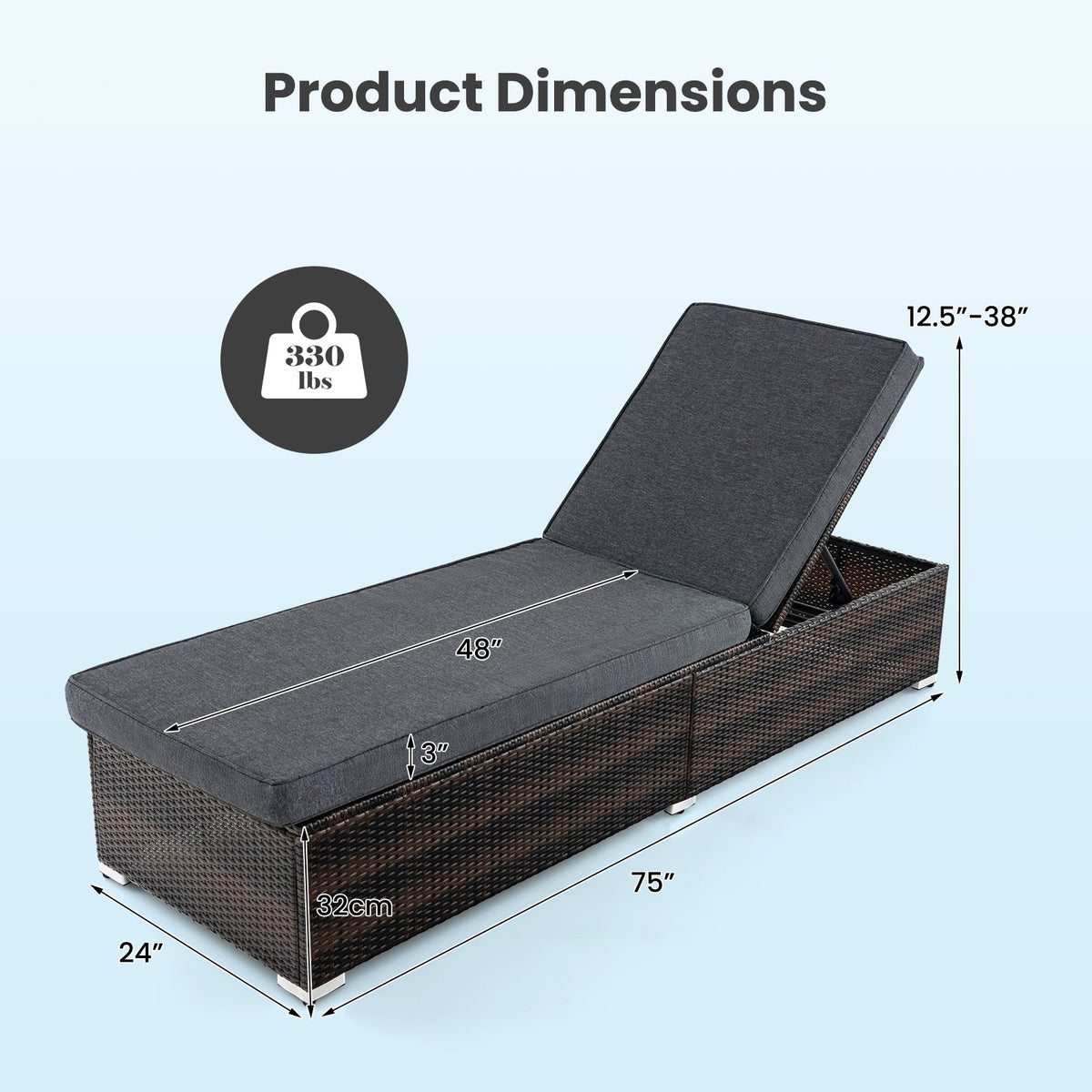 Tumbona de patio de mimbre con respaldo reclinable de 4 posiciones y cojín largo para asiento - Marrón