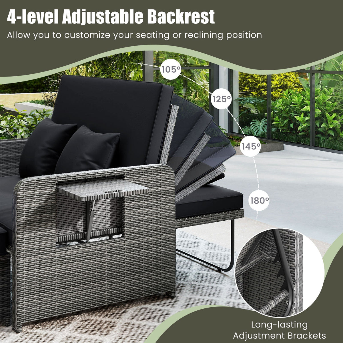 Patio Wicker Loveseat Sofa with Multipurpose Ottoman and Retractable Side Tray