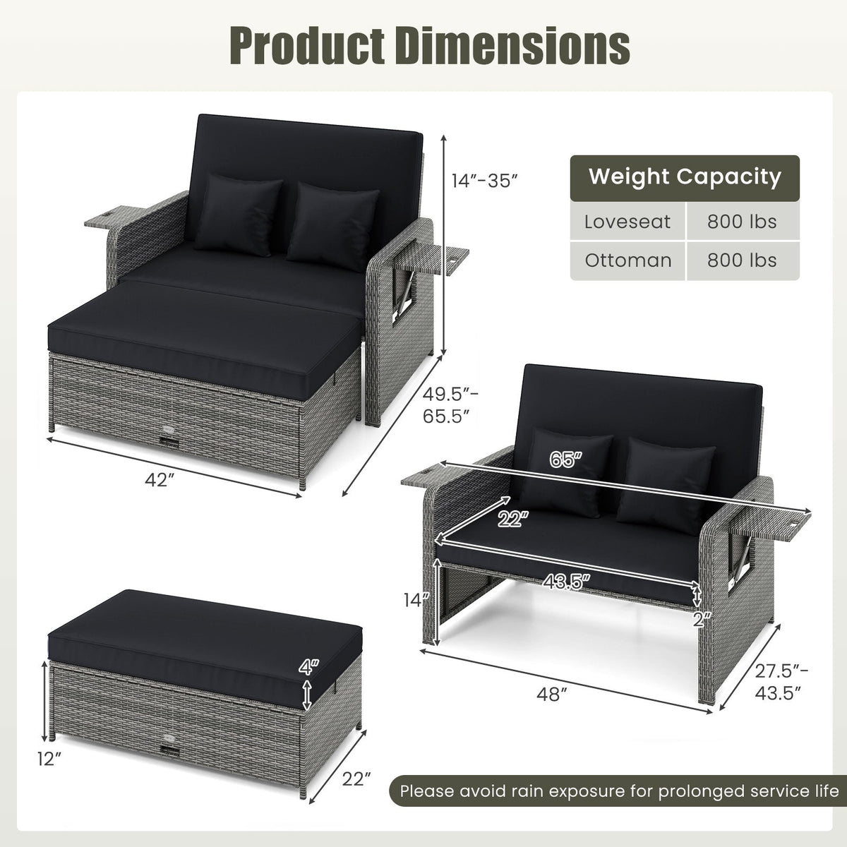 Patio Wicker Loveseat Sofa with Multipurpose Ottoman and Retractable Side Tray