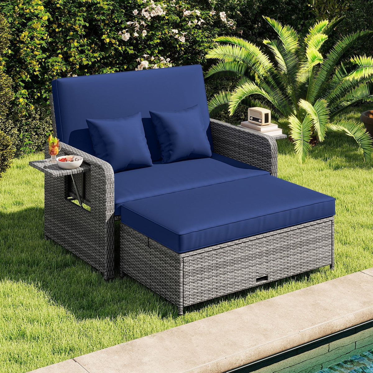 Patio Wicker Loveseat Sofa with Multipurpose Ottoman and Retractable Side Tray