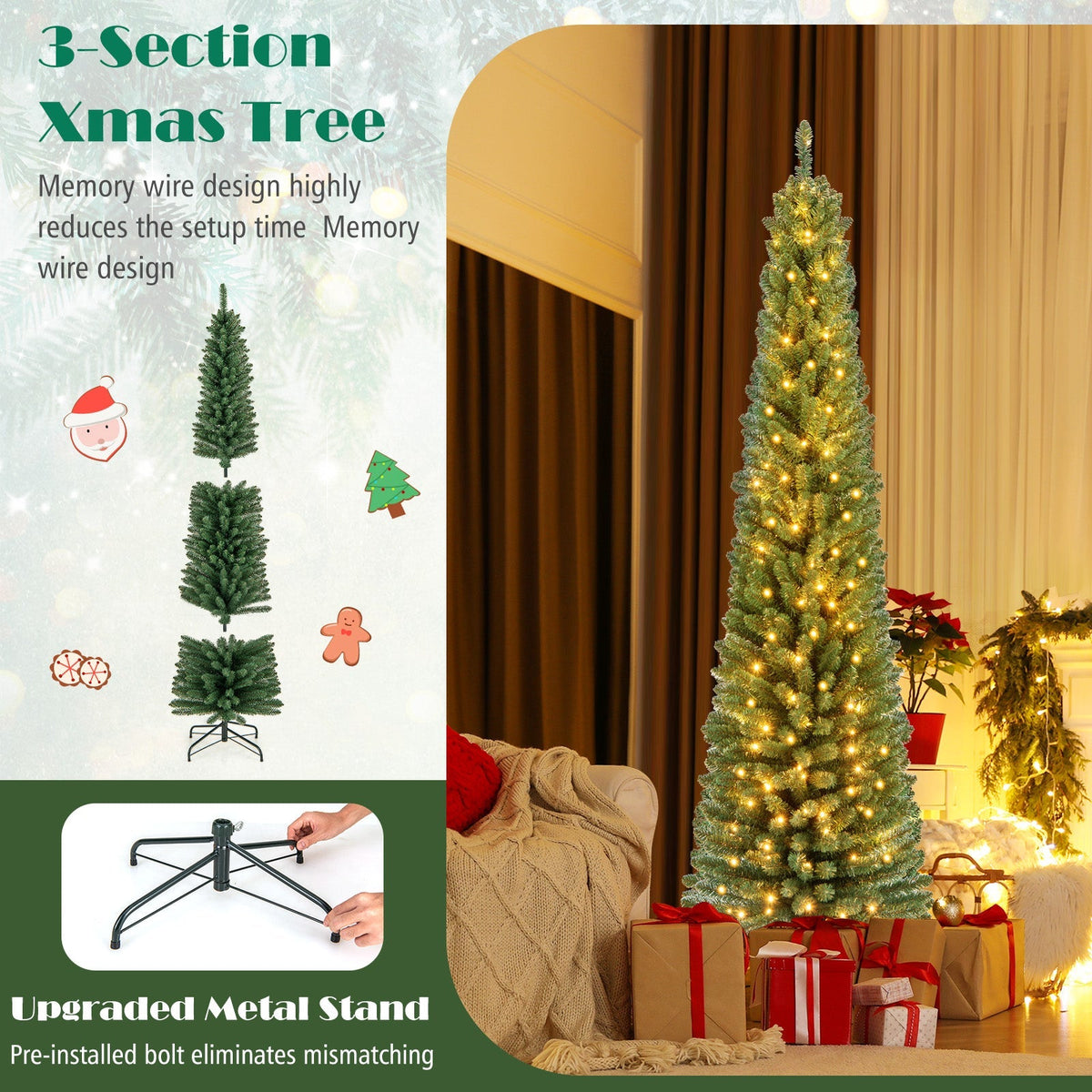 Pencil Christmas Tree with Memory Wire Branch Tips and Warm LED Lights