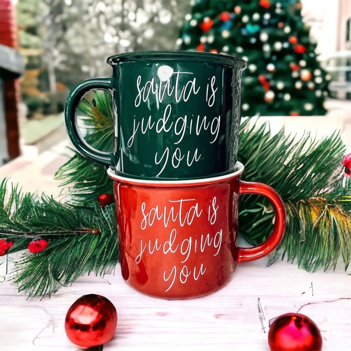 Santa Is Judging Mug 14.5oz Ceramic Campfire Style Holiday Coffee Mug Red Or Green Double Sided