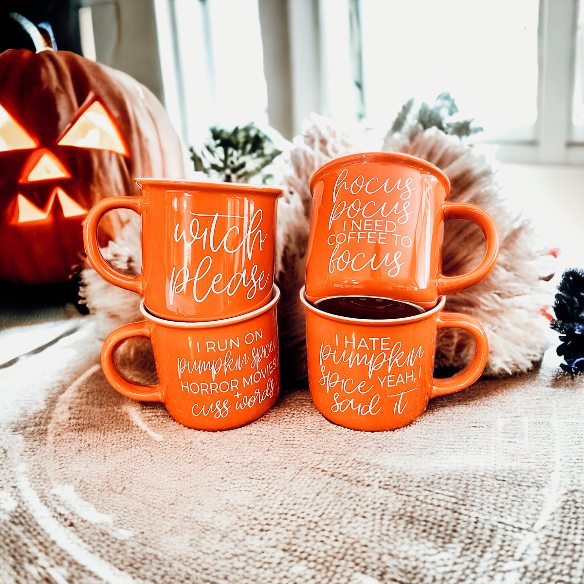 Pumpkin Horror Mug 14.5oz Orange Ceramic Campfire Dual-Sided White Text
