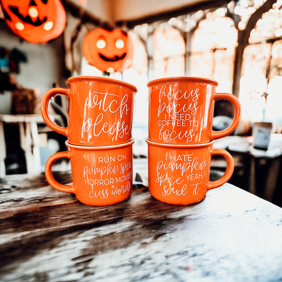 Pumpkin Horror Mug 14.5oz Orange Ceramic Campfire Dual-Sided White Text