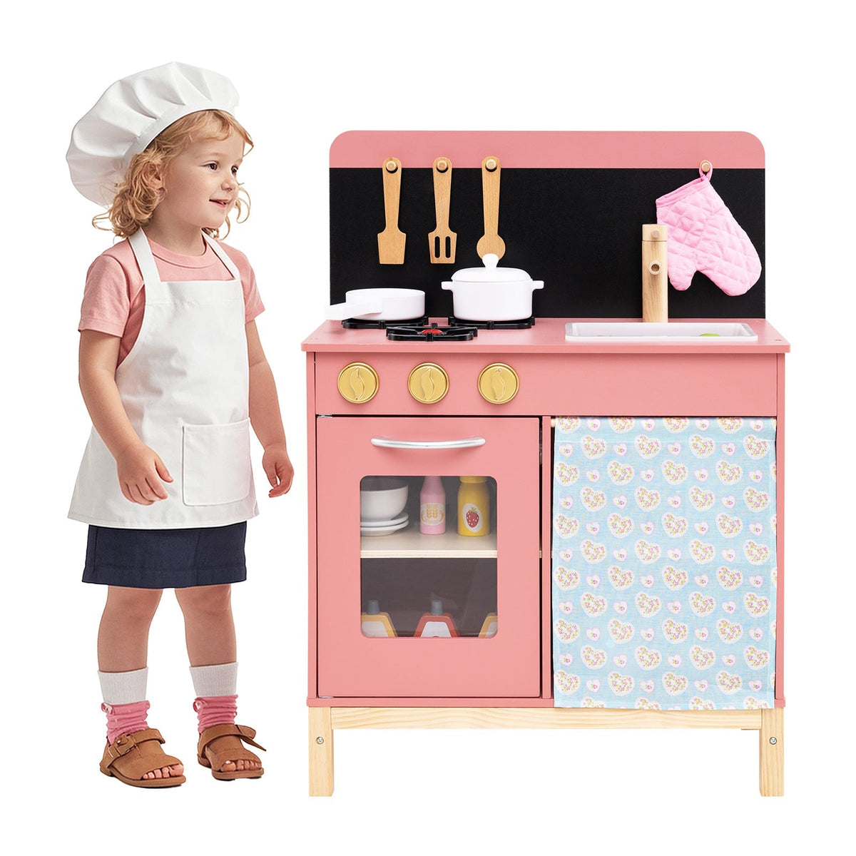 Play Kitchen for Kids Wooden Kitchen Playset with Door Curtain-Pink