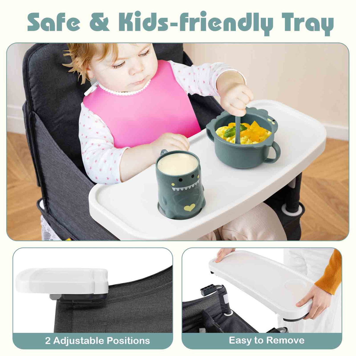 Portable High Chair for Travel Foldable with Adjustable Tray and Mesh Pockets-Gray