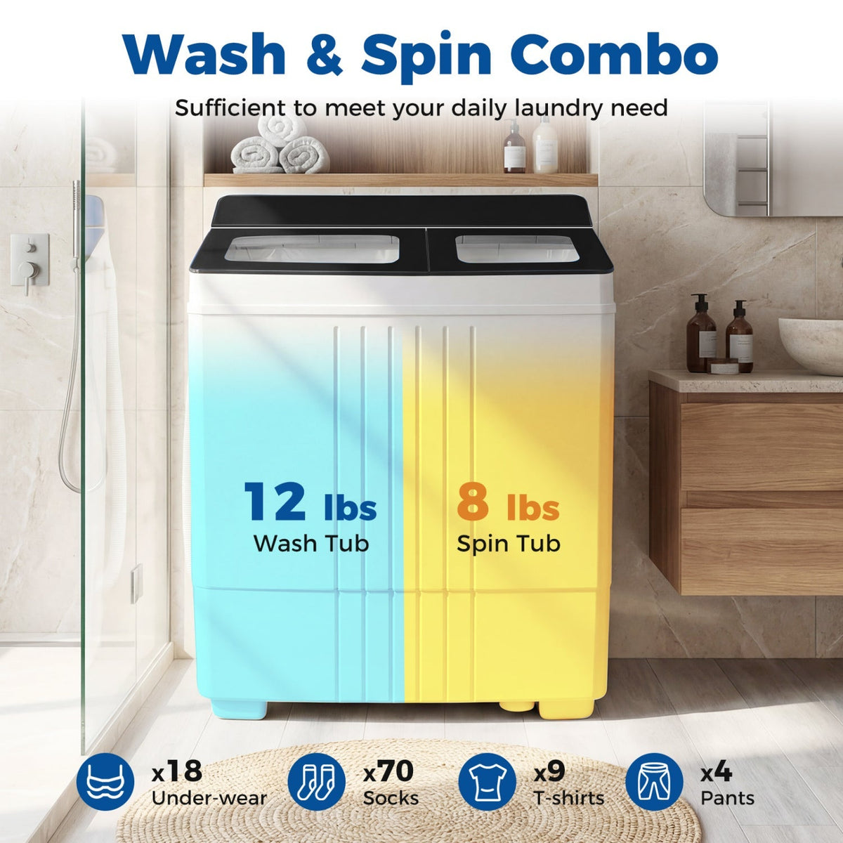 Portable Washing Machine with 12 LBS Washer and 8 LBS Spinner Combo for Apartments