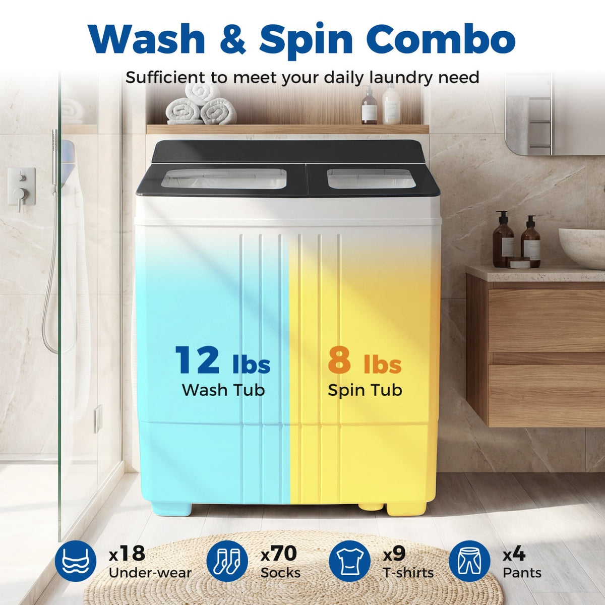 Portable Washing Machine with 12 LBS Washer and 8 LBS Spinner Combo for Apartments