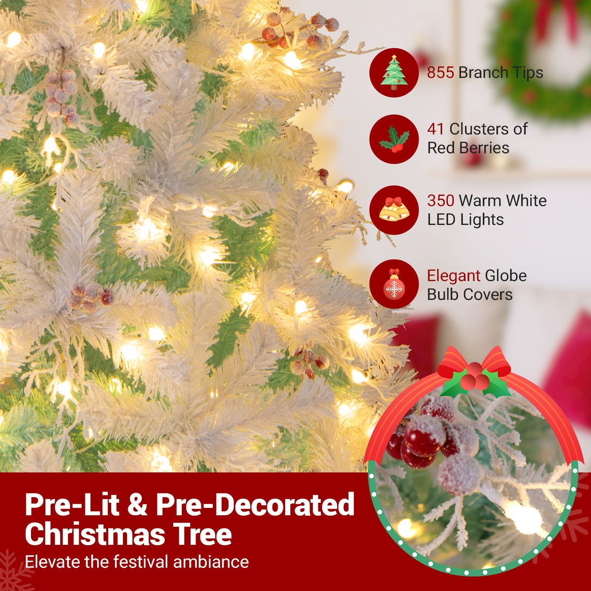 Pre-Lit Artificial Christmas Tree with Snow Flocked Branch Tips