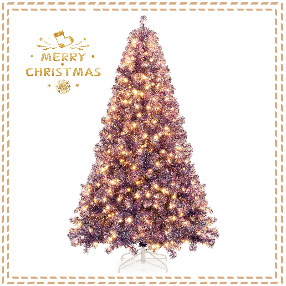 Pre-Lit Tinsel Christmas Tree Artificial Xmas Tree with Lush Branch Tips and Warm White LED Lights