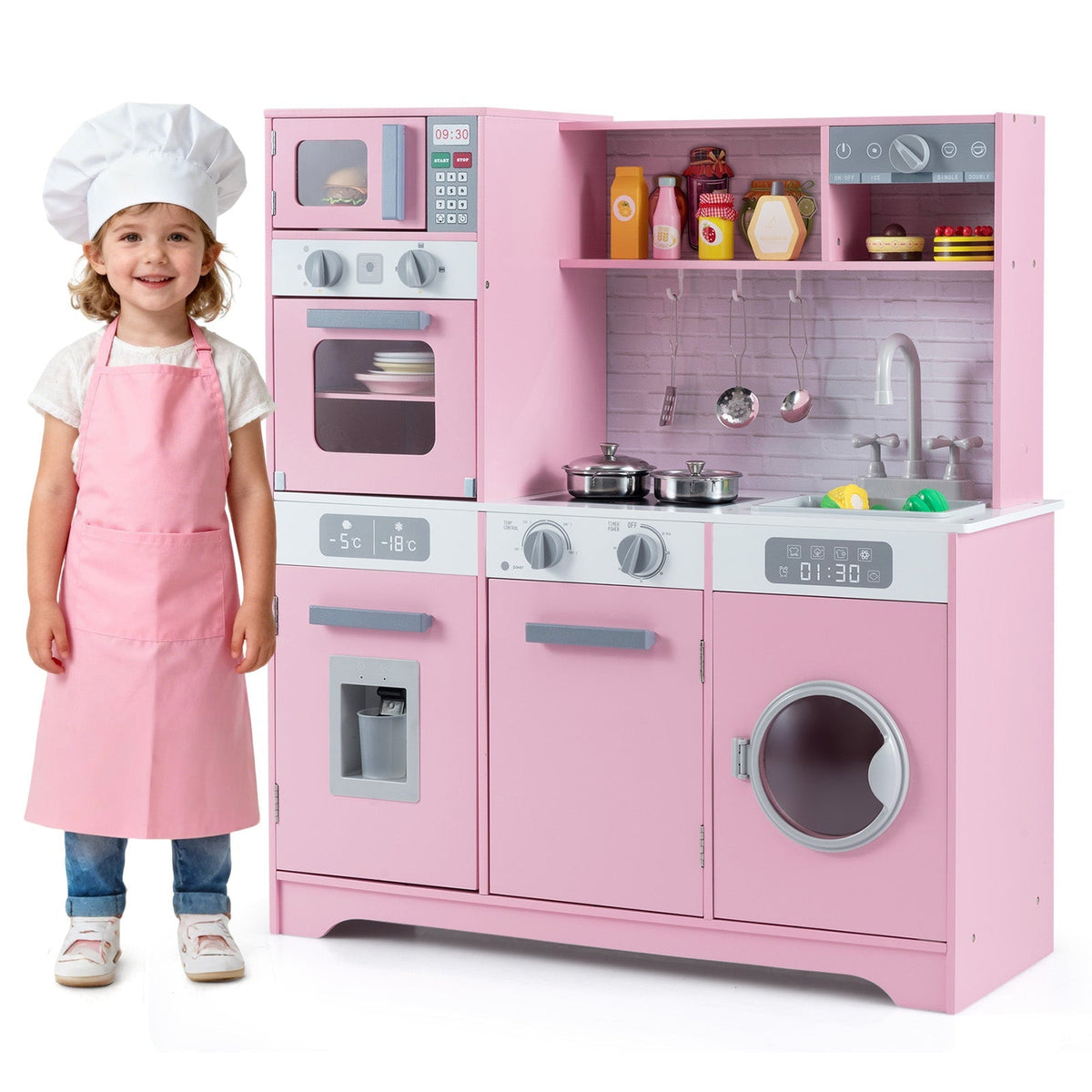 Pretend Play Kitchen Wooden Toy Set Kitchen Accessory Playset with Real Lights Sounds
