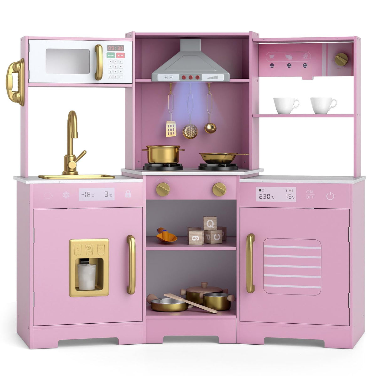 Set de juguete de madera de cocina de juego de imitación con campana extractora, luces y sonidos reales