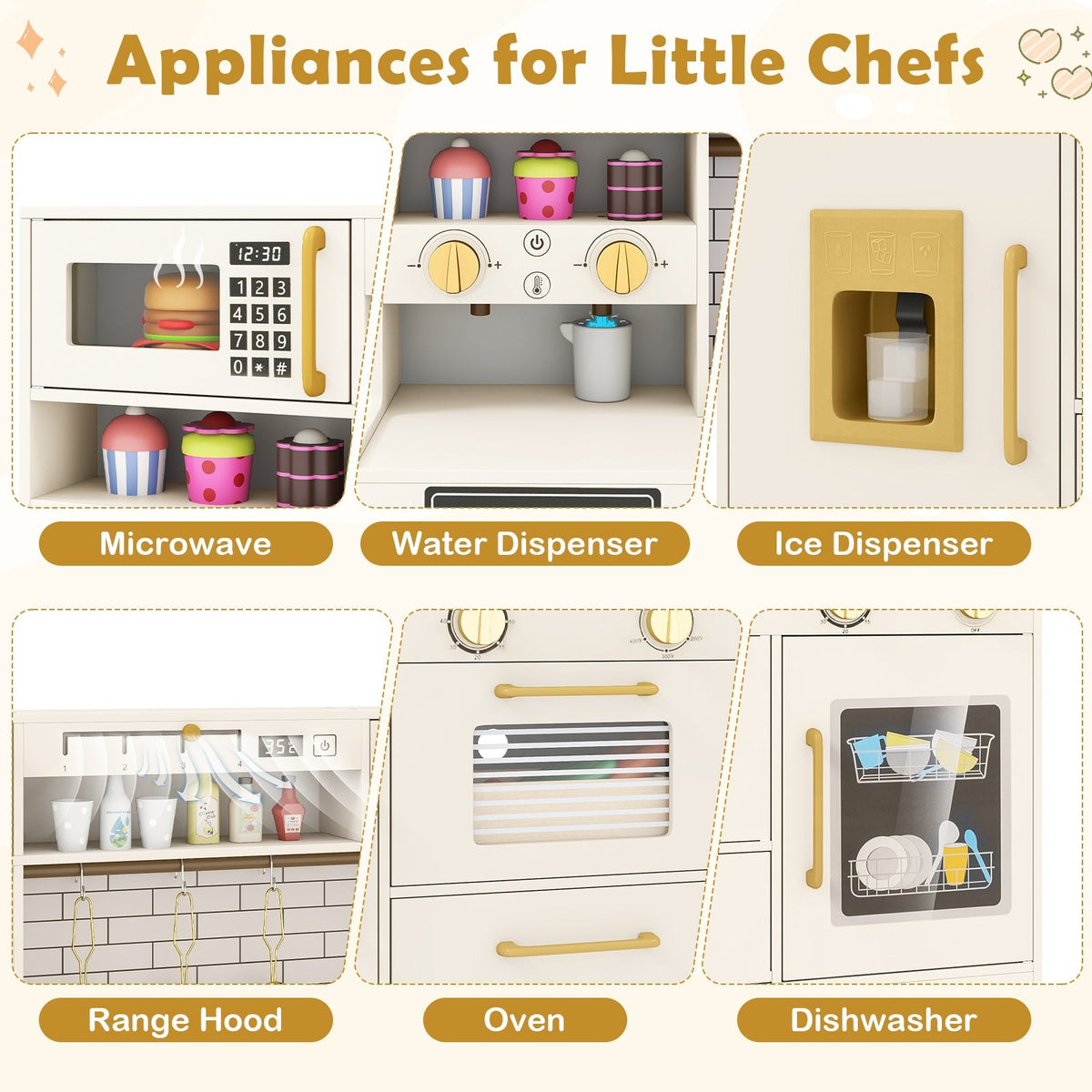 Pretend Toy Kitchen Set with Stoves and Water Dispenser-Beige