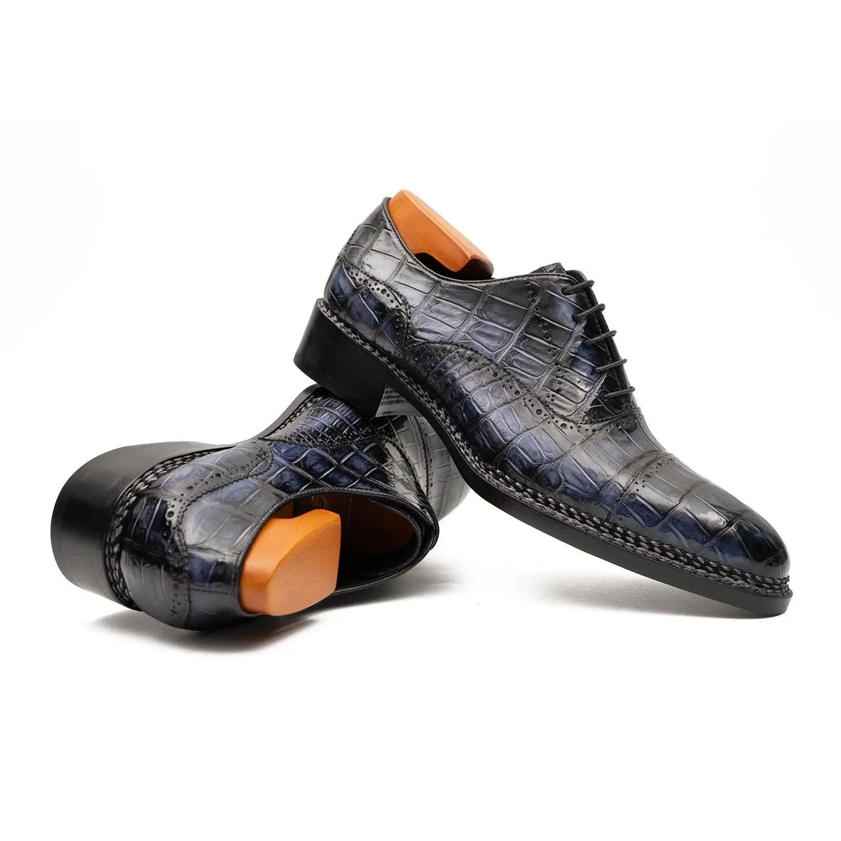 Blue Cap-Toe Crocodile Leather Oxford Shoes