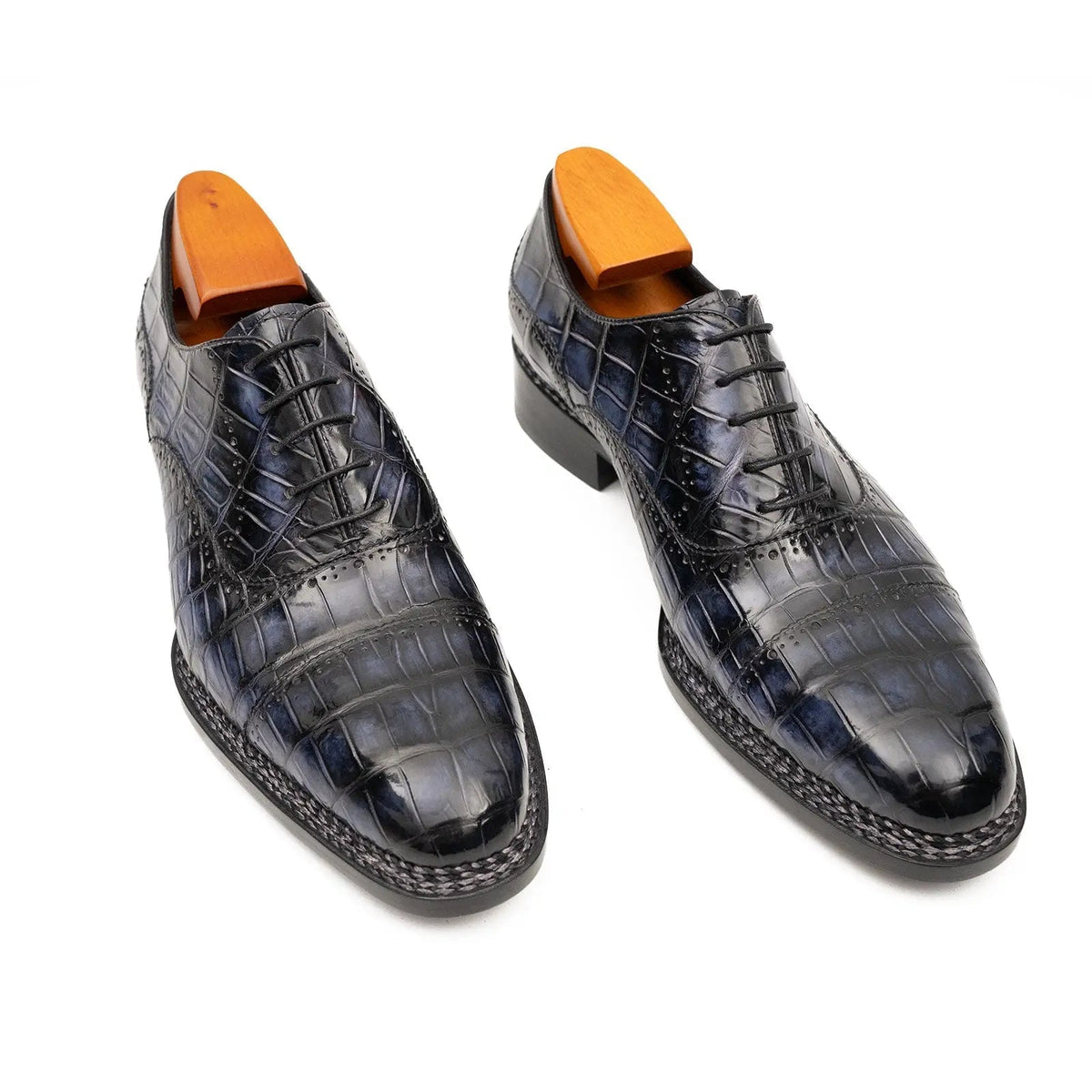Blue Cap-Toe Crocodile Leather Oxford Shoes