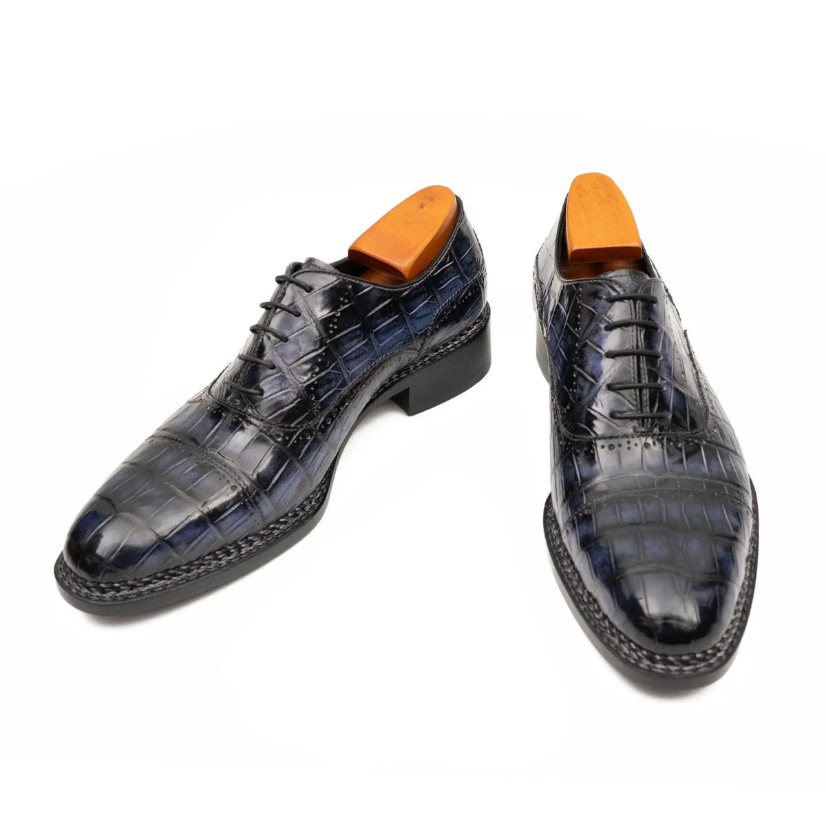 Blue Cap-Toe Crocodile Leather Oxford Shoes