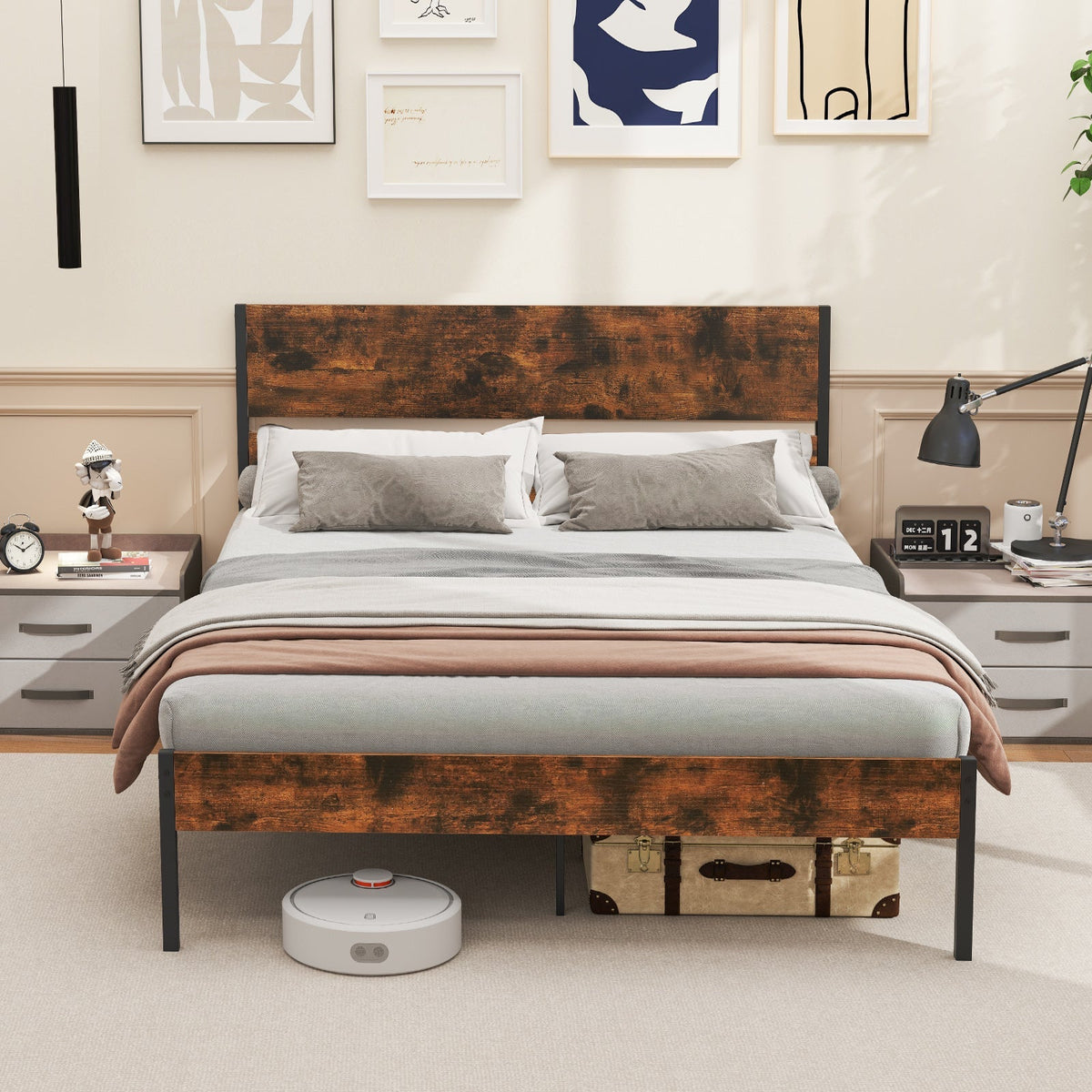 Twin/Full/Queen/King Metal Bed Frame with Wooden Headboard and Footboard-Queen Size