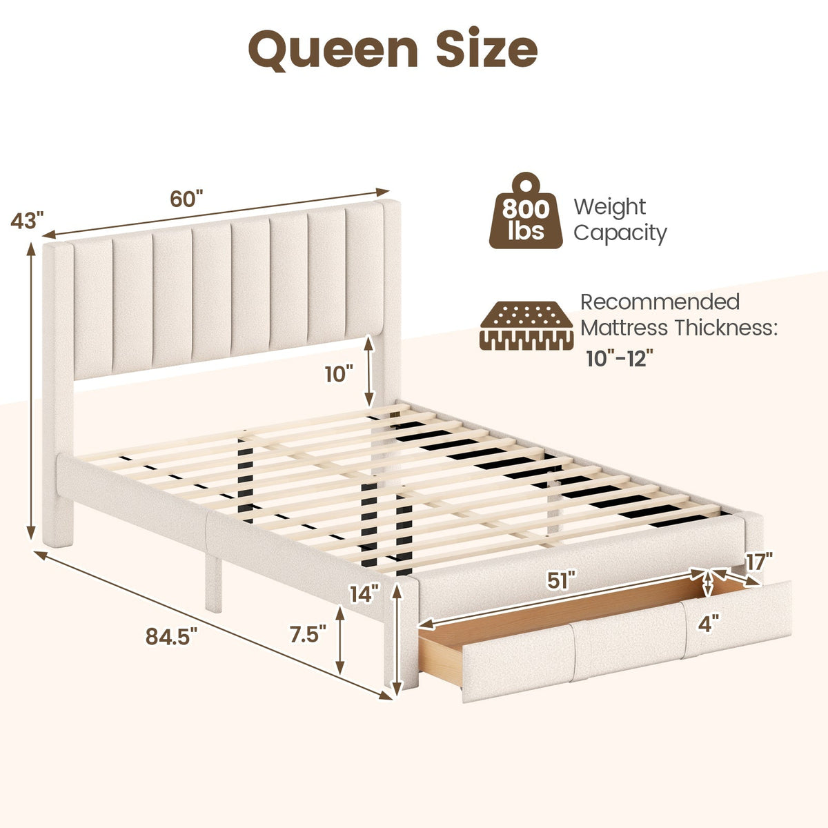 Queen Size Bed Frame with Storage Drawer and Vertical Channel Headboard