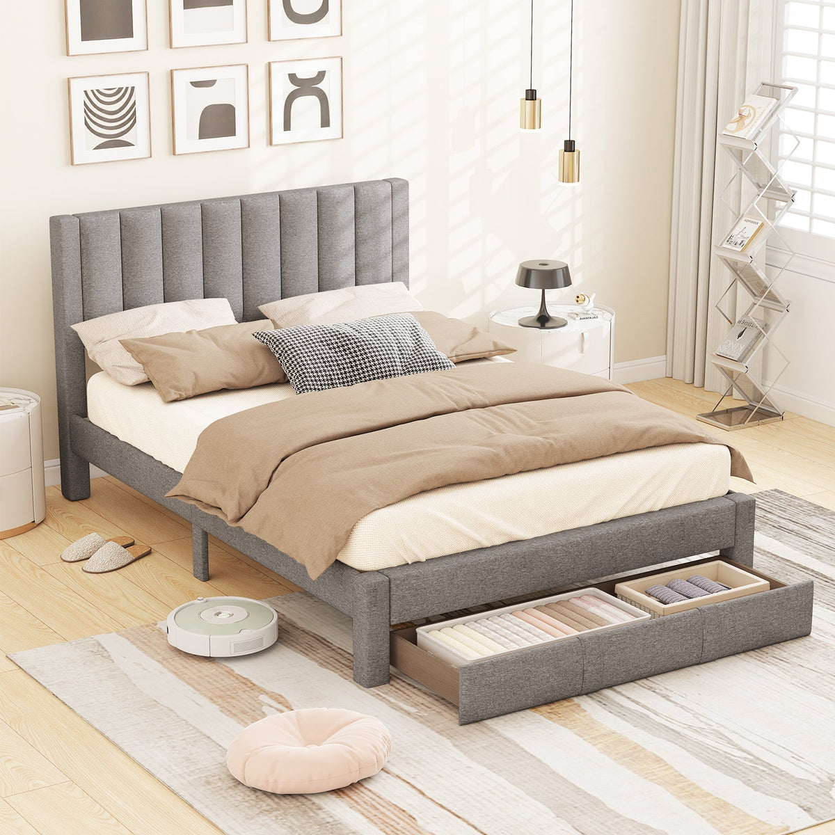 Queen Size Bed Frame with Storage Drawer and Vertical Channel Headboard