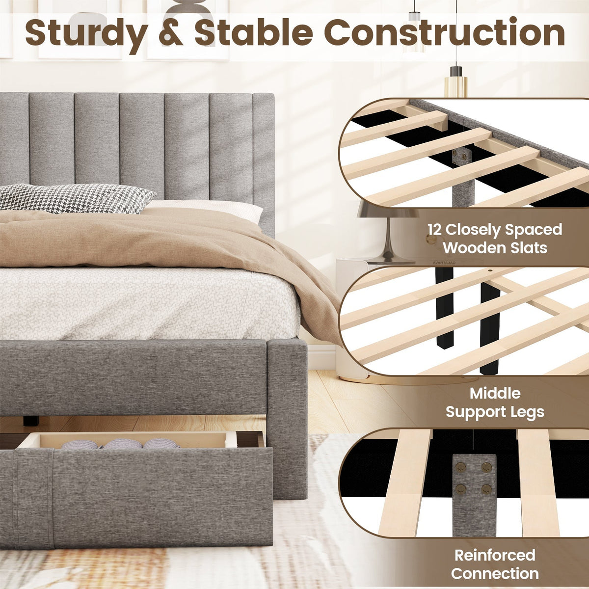 Queen Size Bed Frame with Storage Drawer and Vertical Channel Headboard