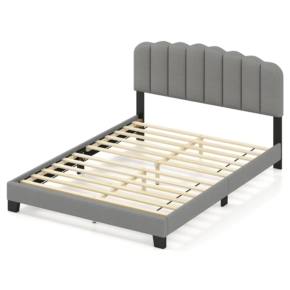 Queen Size Bed Frame with Adjustable Scalloped Tufted Headboard-Queen Size
