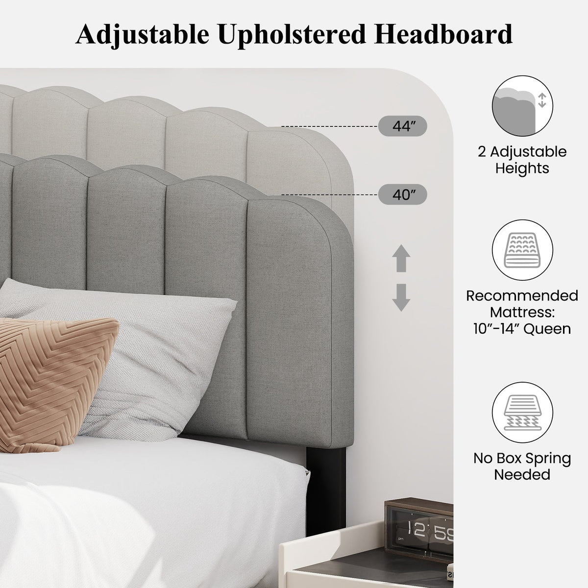 Queen Size Bed Frame with Adjustable Scalloped Tufted Headboard-Queen Size