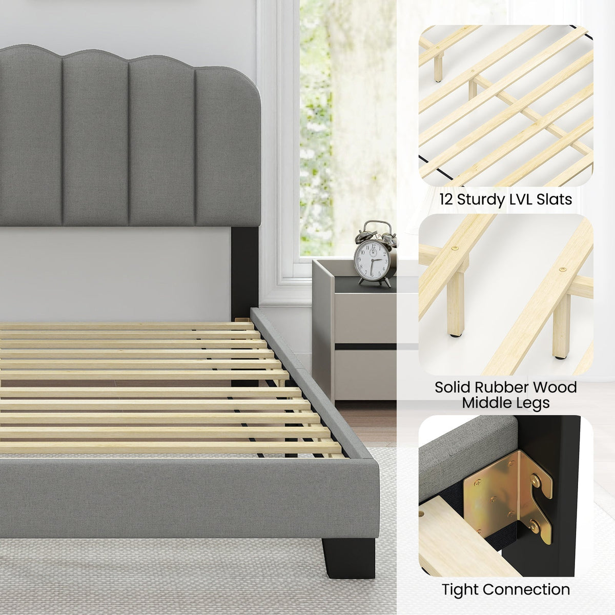Queen Size Bed Frame with Adjustable Scalloped Tufted Headboard-Queen Size
