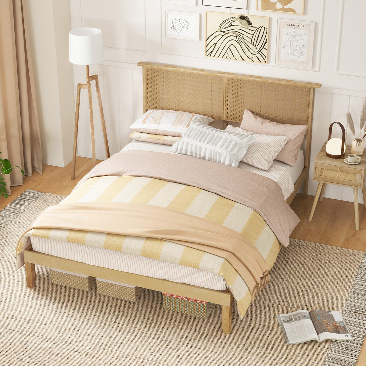 Twin/Full/Queen Size Bed Frame with Rattan Headboard