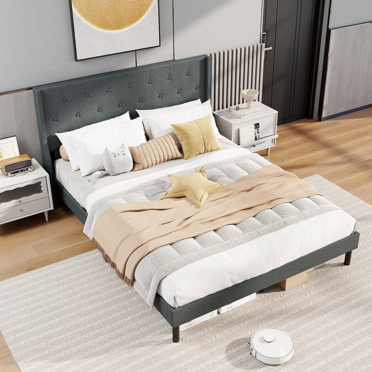 Queen Size Upholstered Bed Frame with Button Tufted Wingback Headboard and Wooden Slats Support Mattress Foundation-Gray