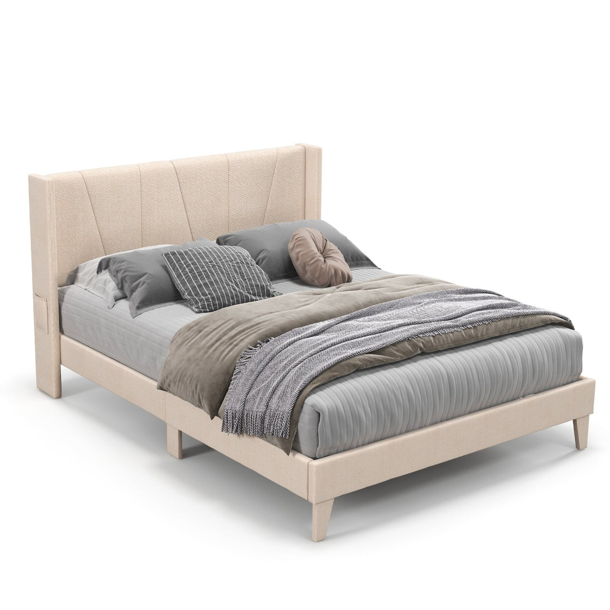 Full/Queen Size Upholstered Bed Frame with Geometric Wingback Headboard