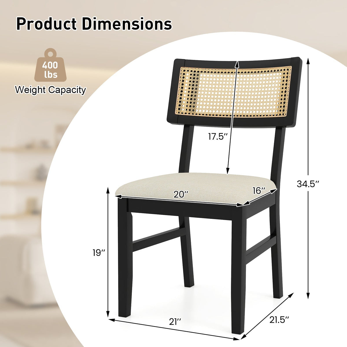 Rattan Dining Chairs Set of 4 Fabric Upholstered Kitchen Chairs with Padded Seat and Rubber Wood Legs-Black