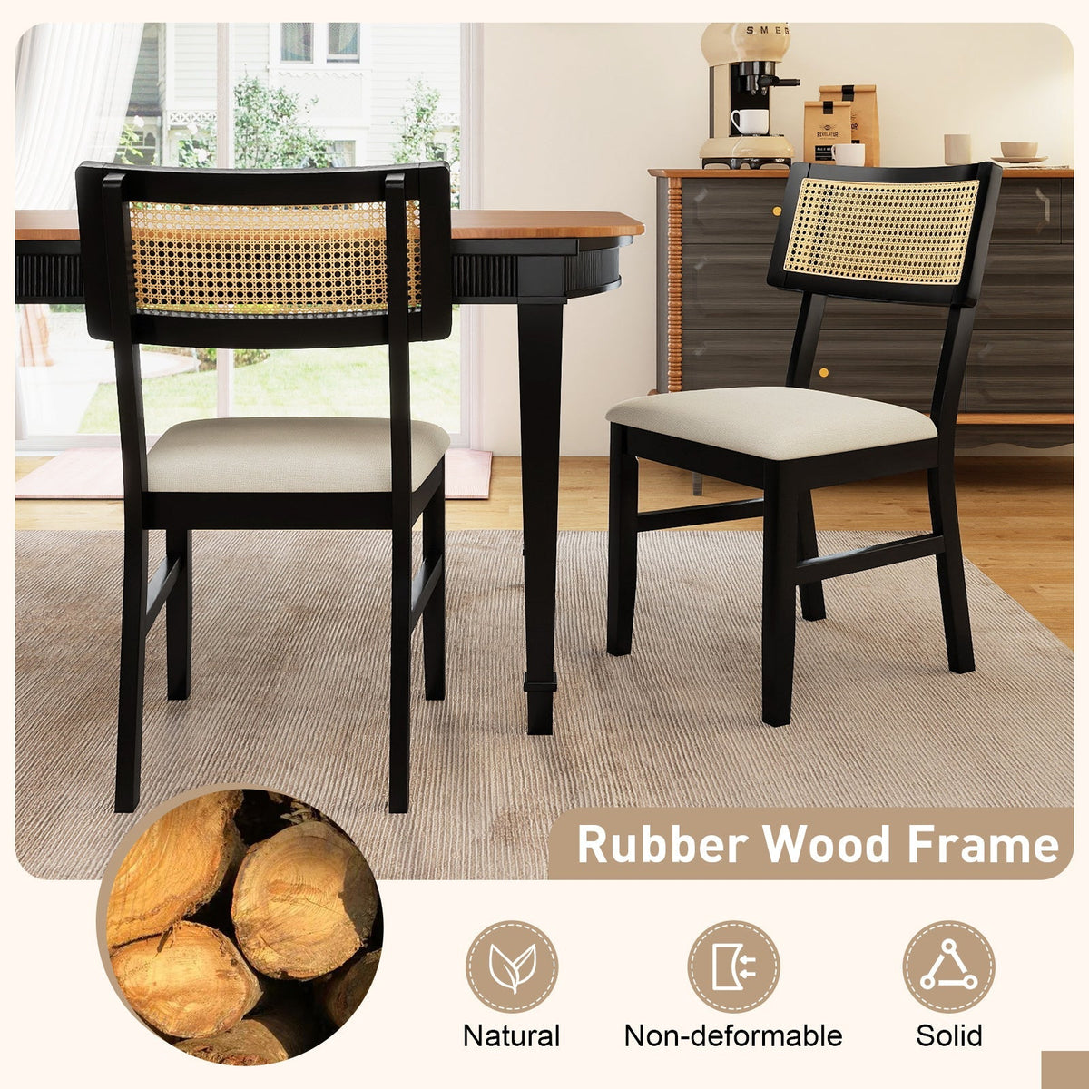 Rattan Dining Chairs Set of 4 Fabric Upholstered Kitchen Chairs with Padded Seat and Rubber Wood Legs-Black